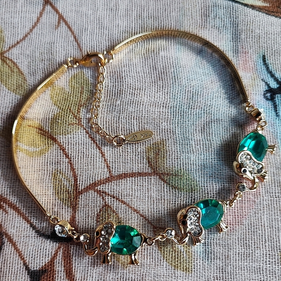 Dark Faceted Teal 18kt Gold Plated Puffed Lucky Elephant Segmented Bracelet NEW - Picture 1 of 11